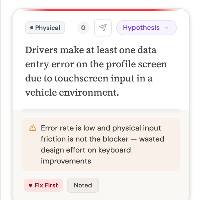 A claim card showing a Physical-pillar hypothesis with epistemic state and an implication callout